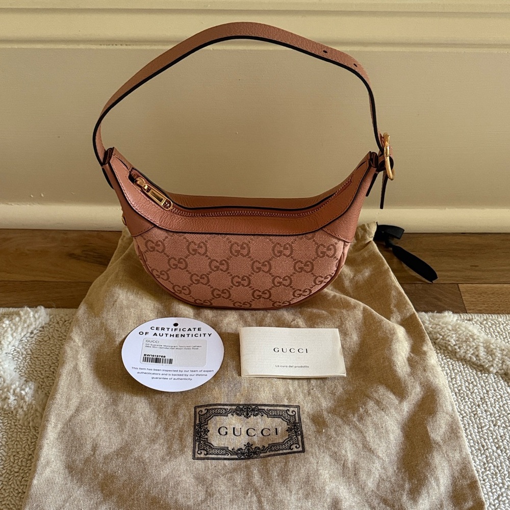 GG Supreme Monogram Textured Calfskin Web Mini Ophidia Half Moon Hobo Rose Pink